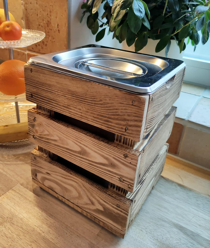 Rustikaler BIOMÜLLEIMER aus HOLZ und Edelstahl KOMPOSTEIMER Organische Abfälle Kompost Mülleimer Abf