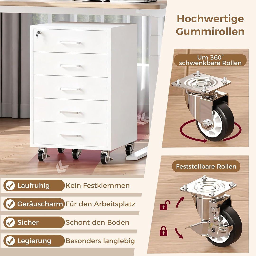 Rollcontainer mit 5 Schubladen, Aktenschrank Mit Schloss Metallrädern
