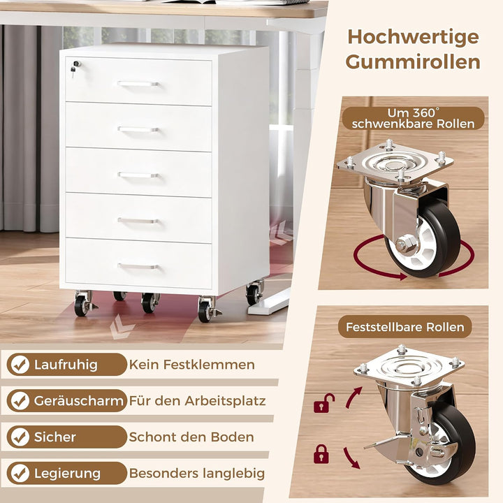 Rollcontainer mit 5 Schubladen, Aktenschrank Mit Schloss Metallrädern