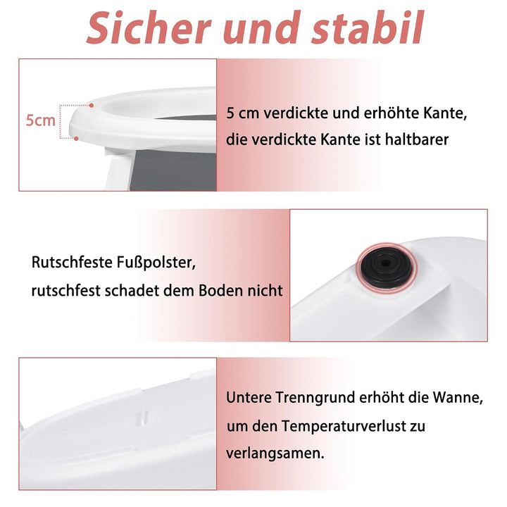 YUENFONG Baby Badewanne, Faltbar, PP Material, Anti Rutsch, Grau mit Sitzkissen Grau mit Badematte,