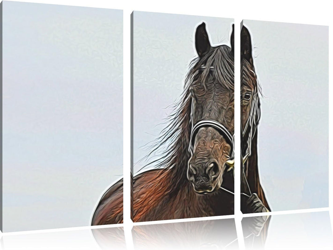 Wilder Hengst 3 Teilig, Gesamtgrösse 120x80 cm auf Leinwand, XXL riesige Bilder fertig gerahmt mit K