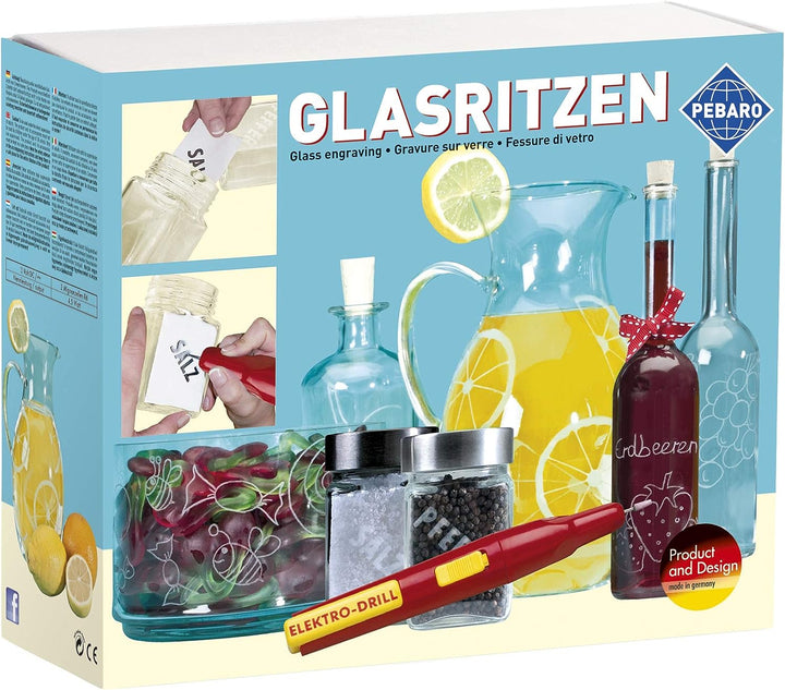 Pebaro 0357 Bastelset Glasritzen, batteriebetriebener Gravierstift, 3 Schleifstifte, 2 Gläser, inkl.