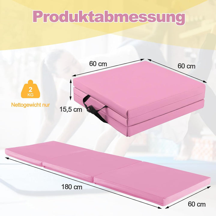 GYMAX 3-fach Trainingsmatte faltbar, tragbare Gymnastikmatte 180 x 60 x 5 cm, Gymnastikmatte mit Kle