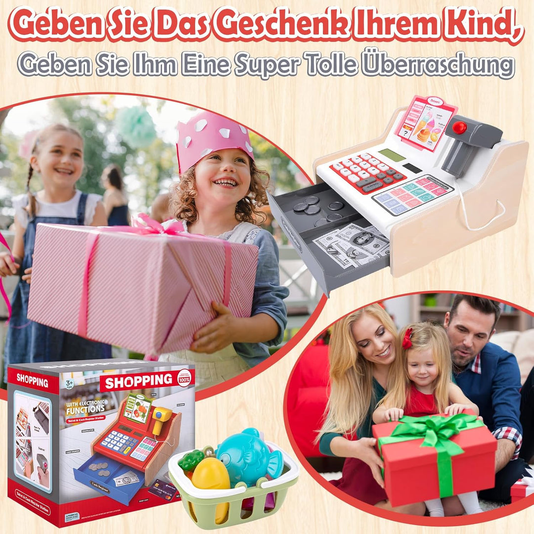 JONRRYIN Holz Kasse Kinder Spielzeug, Spielkasse Kinderkasse mit Scanner & Sound, Spielgeld Einkaufs