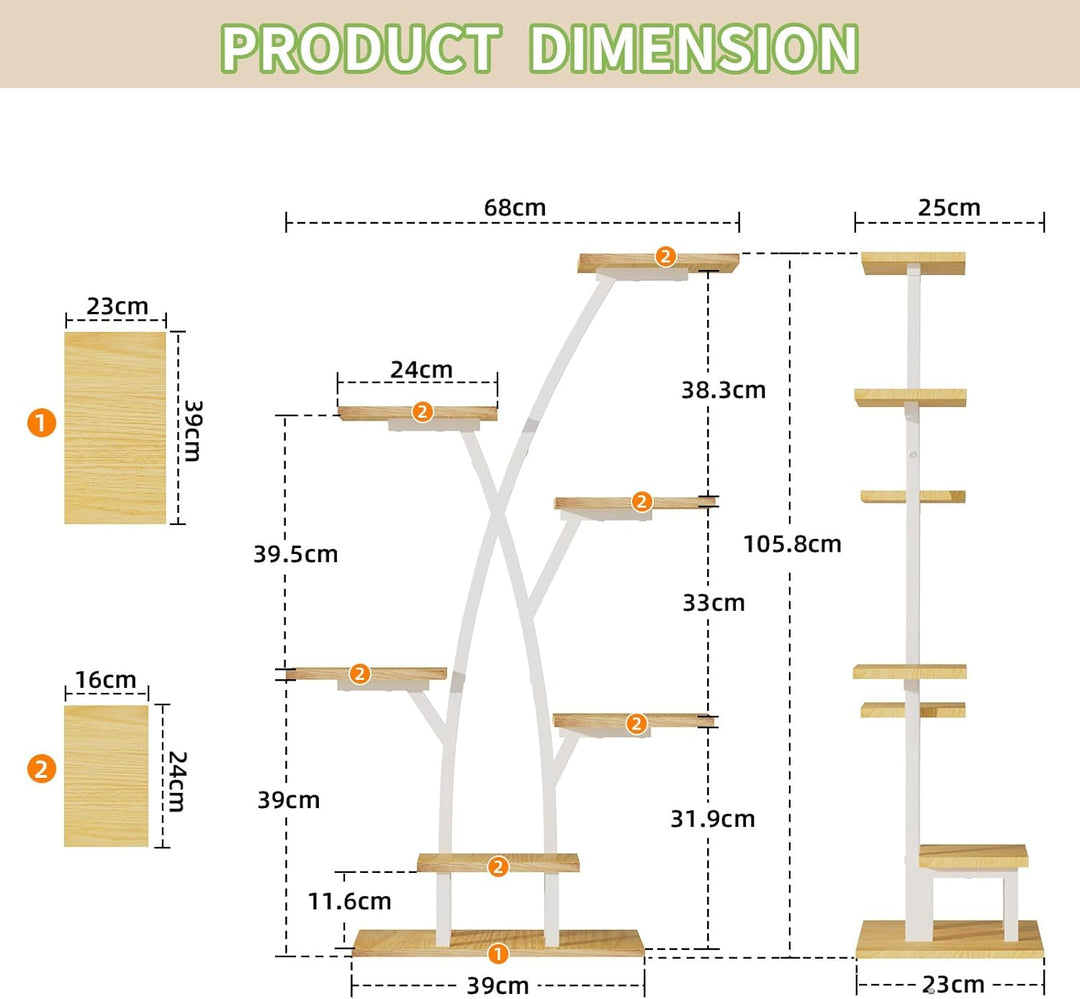 Pflanzenständer mit Wachstumslicht - 7 Ebenen Blumenständer 105cm Metall Holz Pflanzenregal - Innen