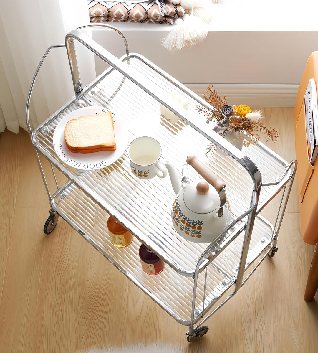 GLIESE Servierwagen Klappbar Mit Rädern,2 Tier Clear Tempered Glass,Mobiler Aufbewahrungs-Klappwagen