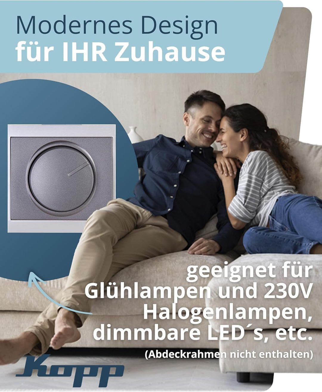 Kopp Malta anthrazit, Druck-Wechsel-Schalter, Kombigerät, LED-Dimmer, für Glüh-Lampen, 230V Halogenl