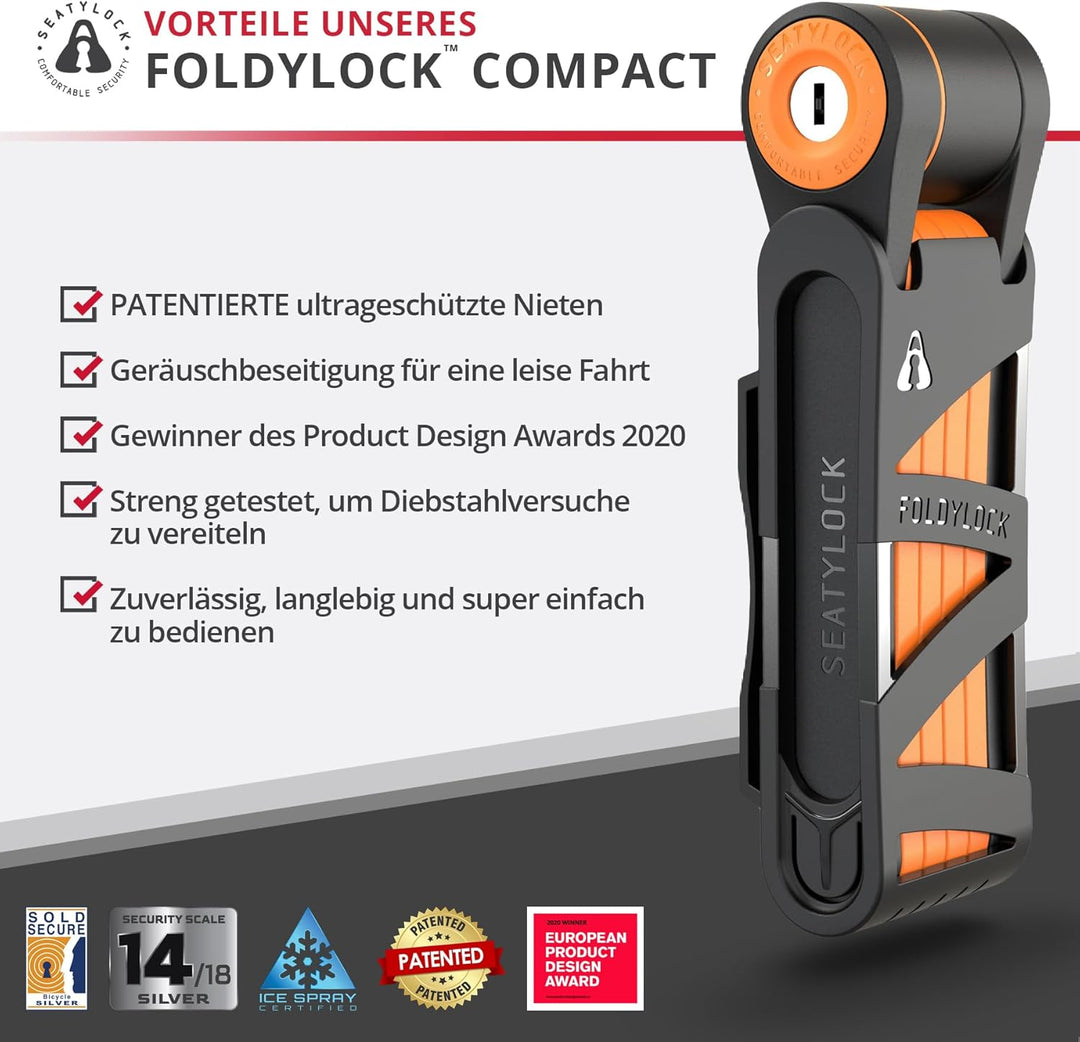 FoldyLock Compact Fahrrad Faltschloss – Patentiertes Testsieger Fahrradschloss mit Schlüssel und Hal