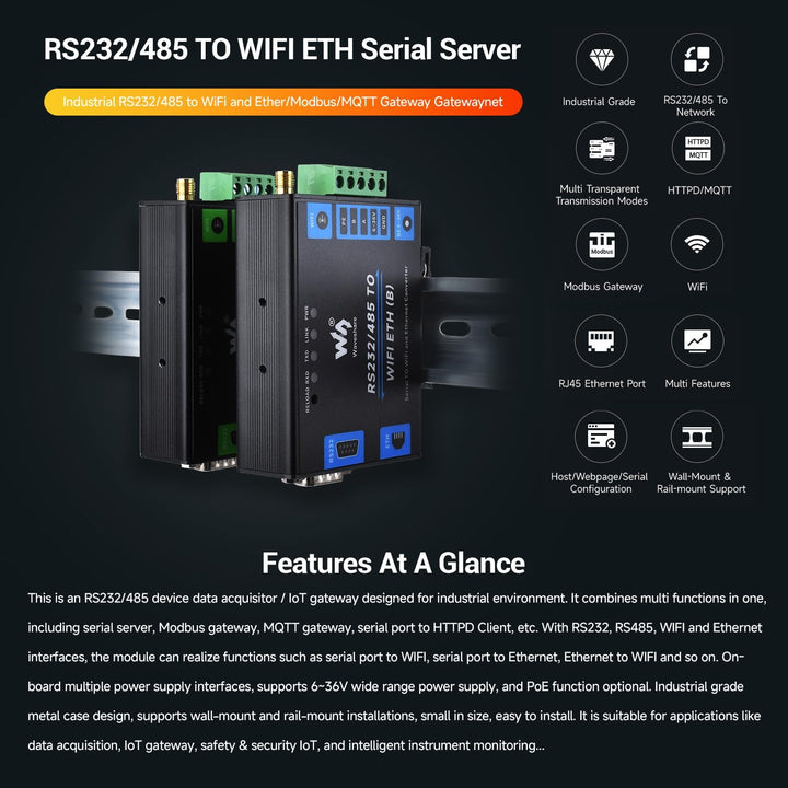 LUCKFOX RS232/485 to WiFi and Ethernet, Industrial Grade Serial Server with Metal Case, Modbus Gatew