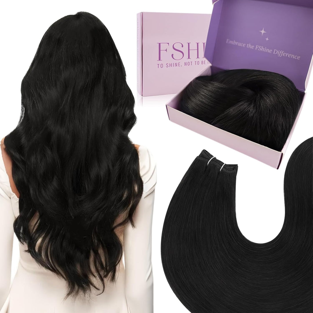 fshine Echthaar Tressen Zum Einnähen Pechschwarz Tressen Echthaar Extensiones 50cm/20zoll 100 Gramm