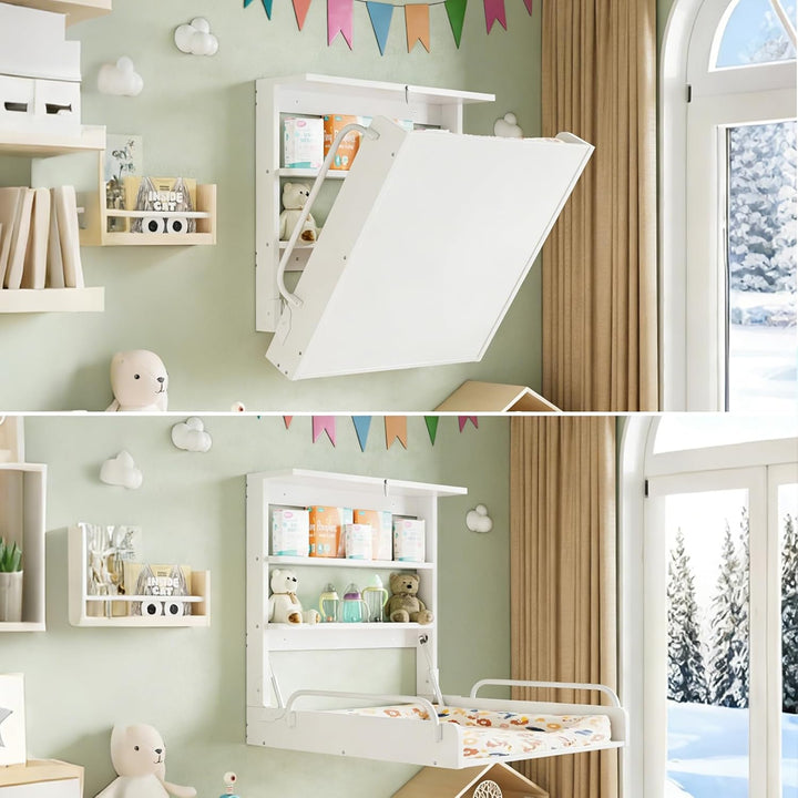 MSFE Wickelkommode Wickeltisch Klappbar, Baby Changing Table Wandwickeltisch mit 3 Regalfächern, Wic