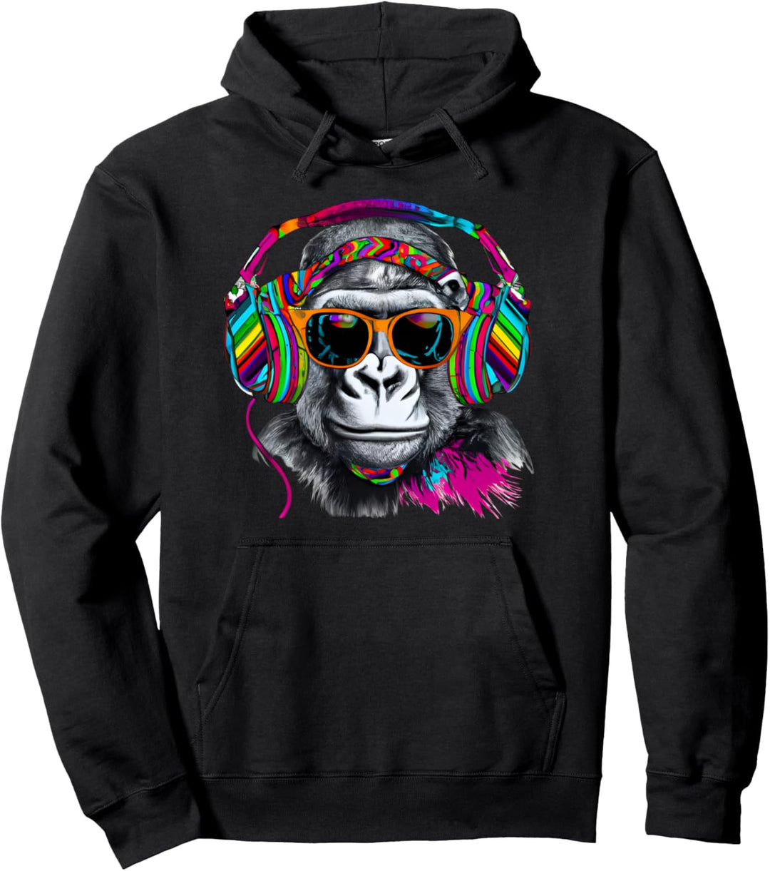 Rainbow Monkey Schimpanse mit Sonnenbrille und Kopfhörer Pullover Hoodie