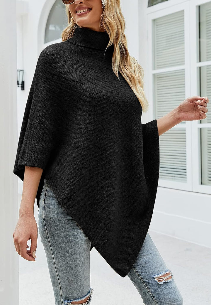 KOOSUFA Damen Strickponcho Rollkragen Gestrickter Poncho mit Dekorativen Knöpfen Strick Pullover Pon