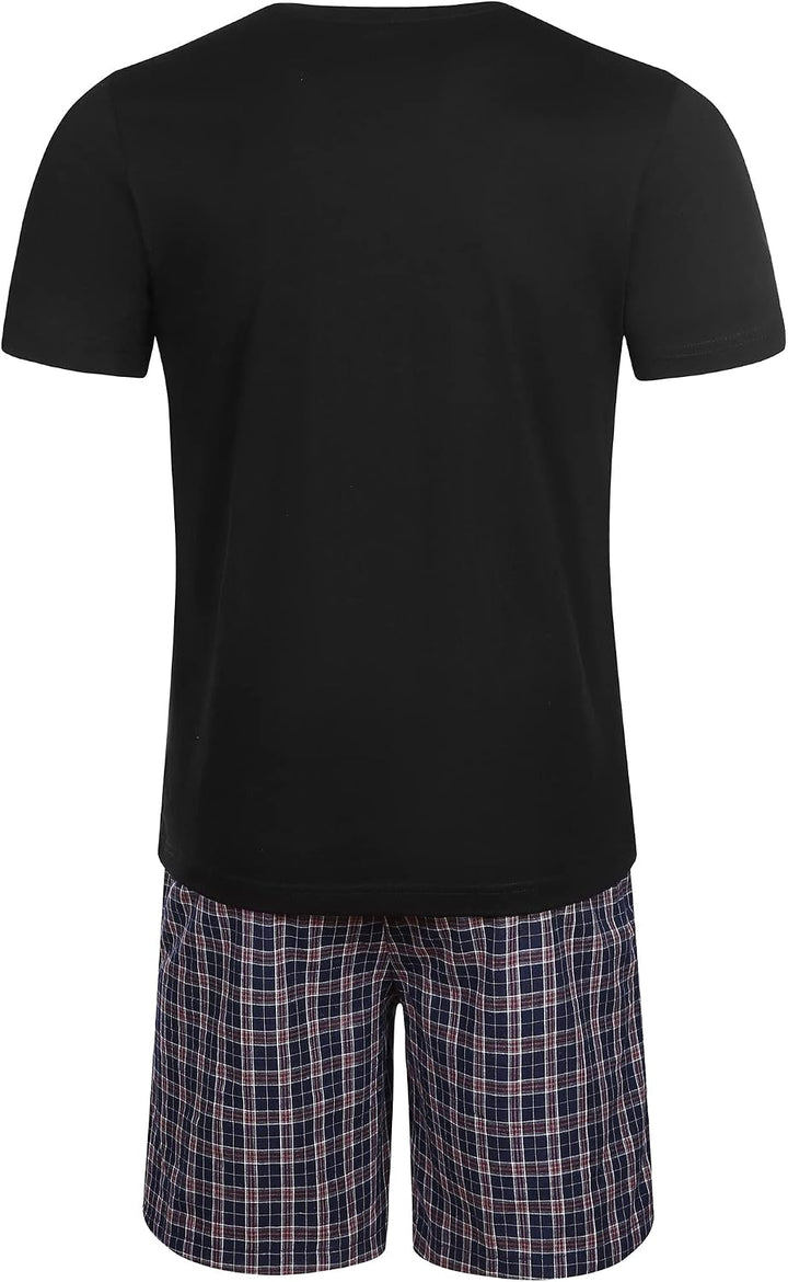 Schlafanzug Herren Kurz Pyjama 100% Baumwolle Kurzarm Nachtwäsche Nightwear Set mit Rundhals Design