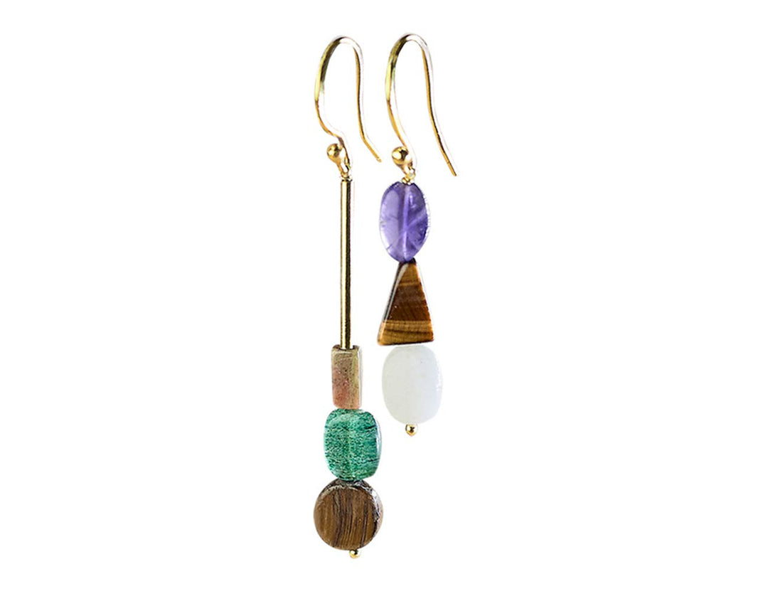 Lange asymmetrische Ohrringe mit Natursteinen, Amethyst, Onyxgrün, Tigerauge, Halbedelstein, für Dam