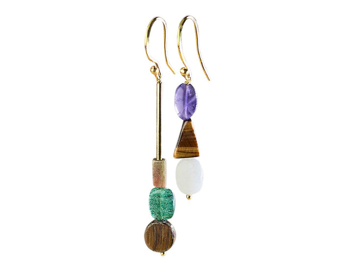 Lange asymmetrische Ohrringe mit Natursteinen, Amethyst, Onyxgrün, Tigerauge, Halbedelstein, für Dam