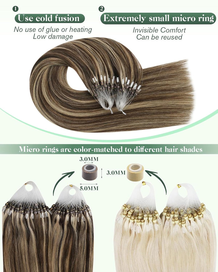 Ugeat Micro Bonding Extensions Echthaar P4/27 Dunkelbraun zu Karamellblond Gesträhnt Extensions Micr