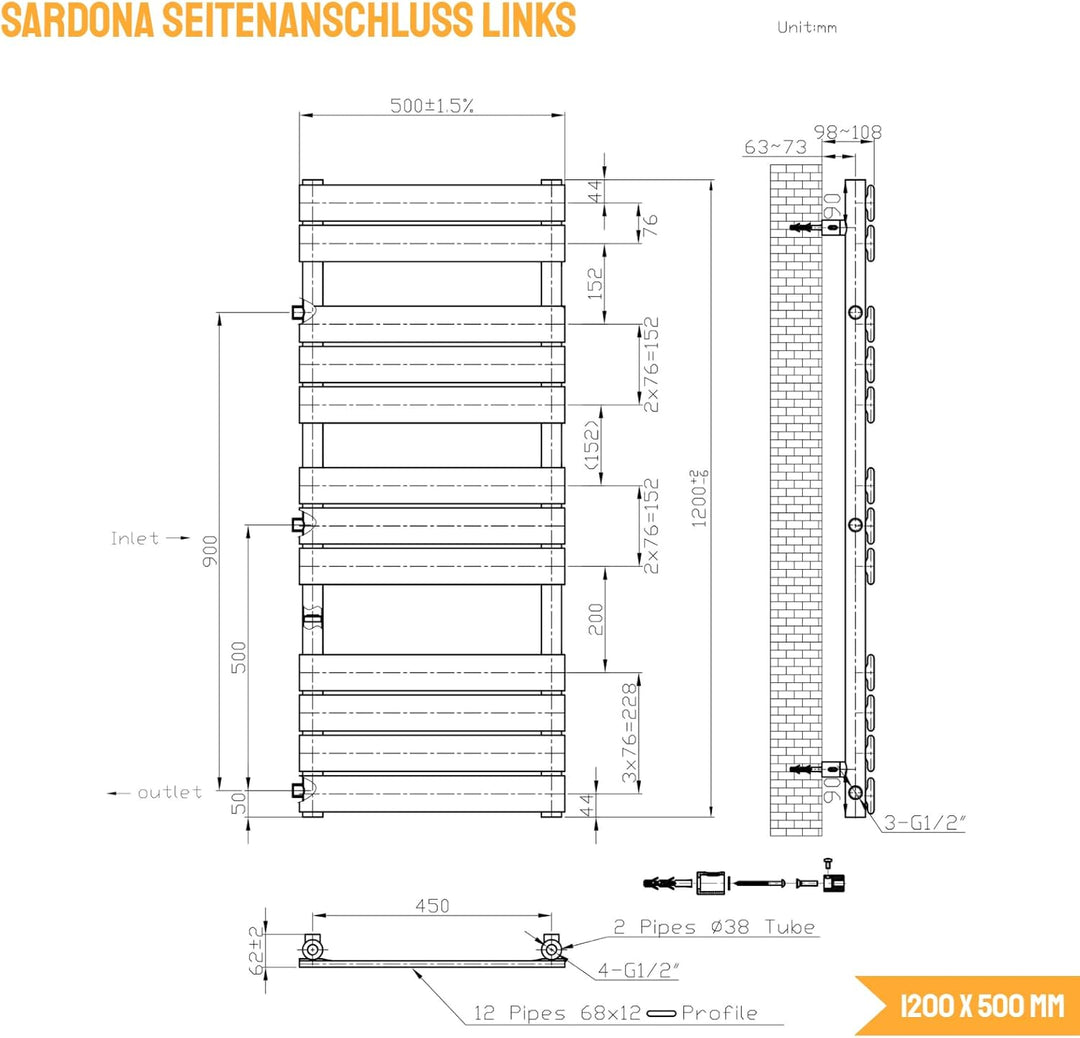 WITEN&NOCK Designheizkörper Badheizkörper 1200x 500 mm Anthrazit Handtuchheizung Handtuchtrockner Se