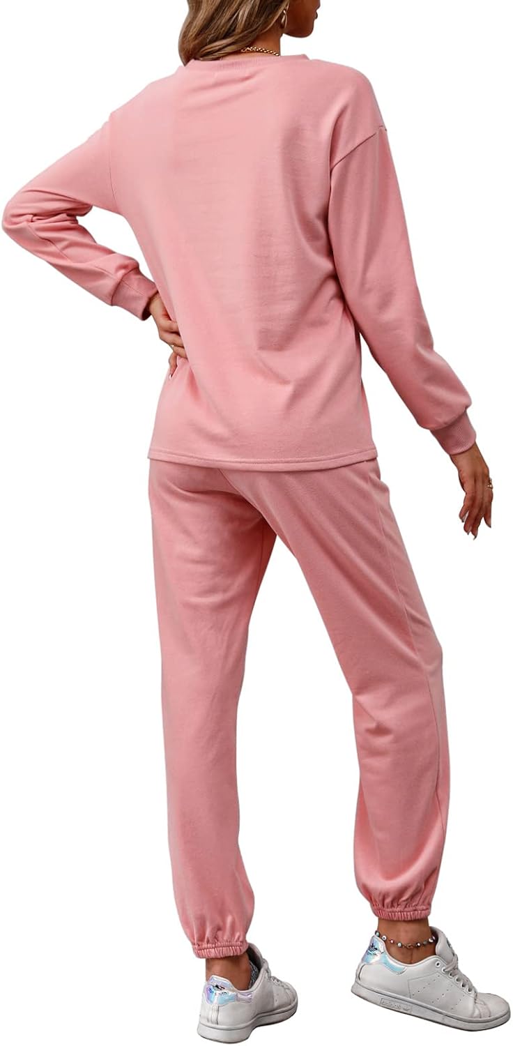 REORIA Damen Tracksuit Langarm Rundhalsausschnitt Einfarbig Zweiteiler Outfit Hoodie Jogger Training