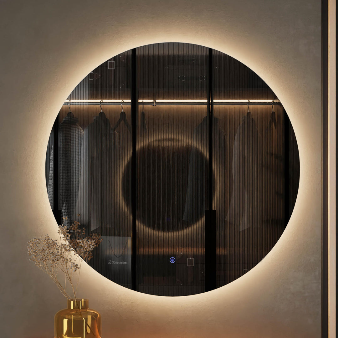 Planetmöbel NOVA Spiegel mit Beleuchtung rund, Spiegel mit LED-Licht, Dekorativer Wandspiegel ohne R
