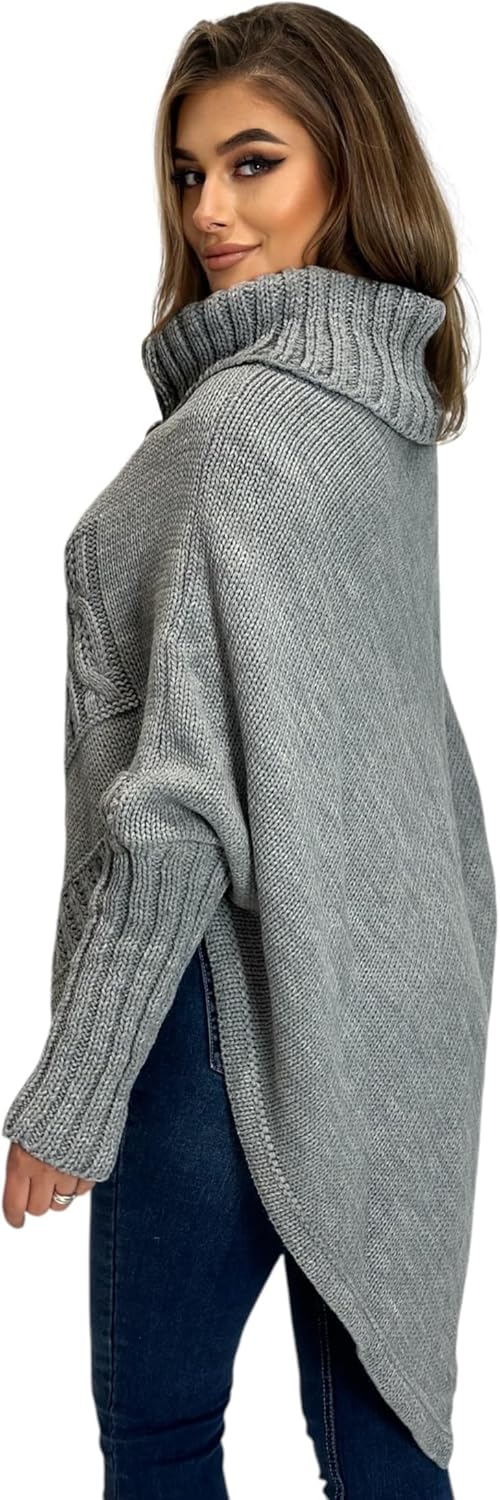 Mississhop Poncho Strick Sweatshirt Pullover Umhang Überwurf Einheitsgrösse Grau, Einheitsgrösse Gra