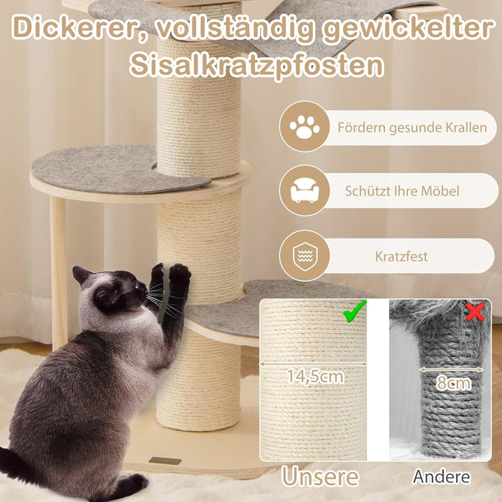 COSTWAY 120cm Kratzbaum Holz, Katzenbaum mit Hängematte, 14,5 cm dickem Stamm, 3 Plattformen, Sisal-