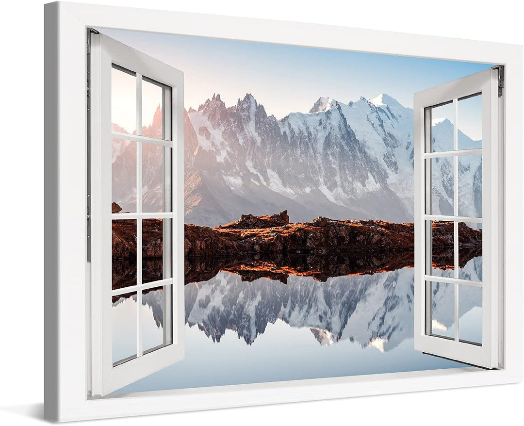 PICANOVA – Bild auf Leinwand Monte Bianco Alpen Bergsee Chesery Fenster 120x80cm Leinwandbild – Prem