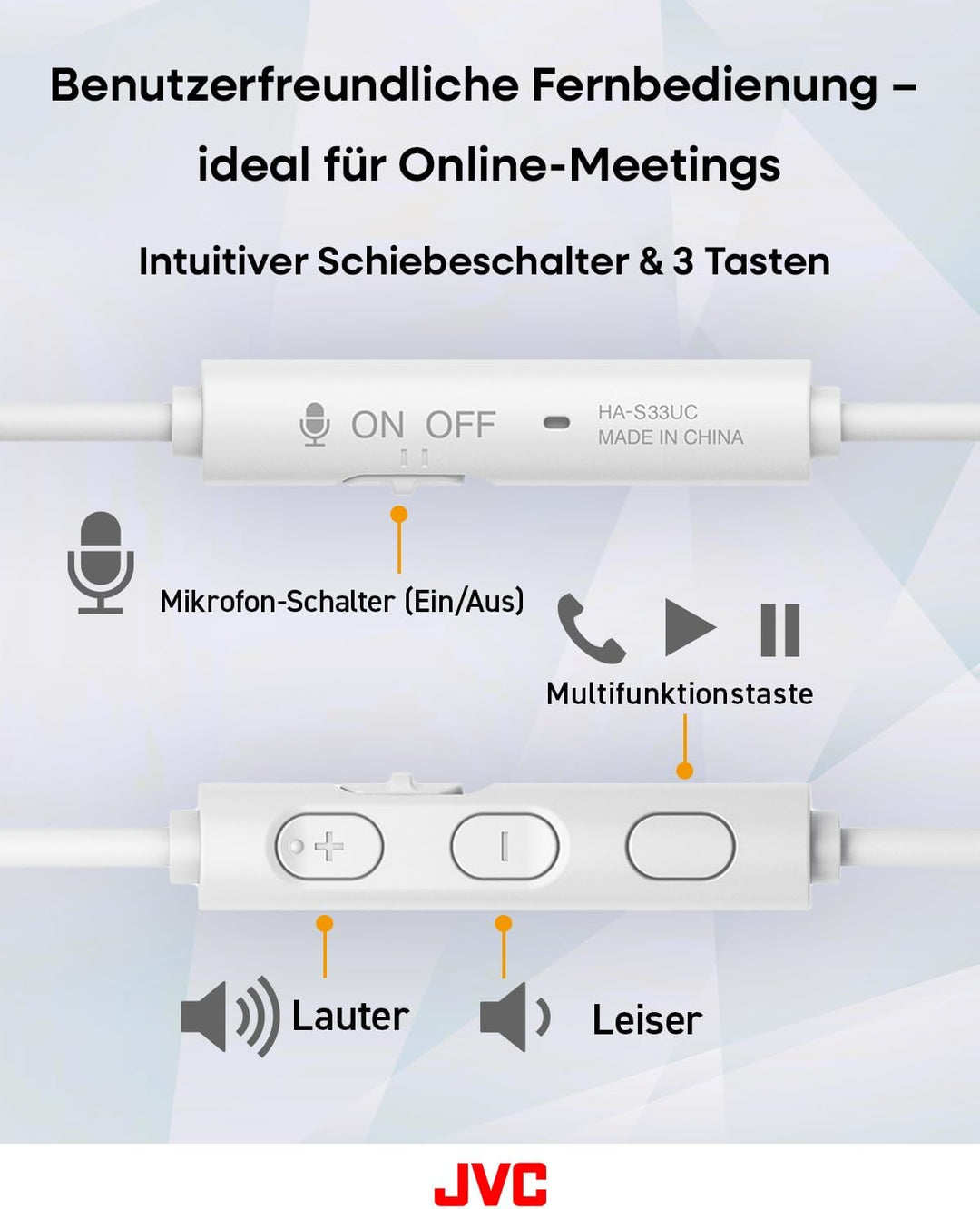 JVC HA-S33UC-W USB-C On-Ear-Kopfhörer, weiche Ohrpolster, faltbar, mit Mikrofon & 3-Tasten-Fernbedie