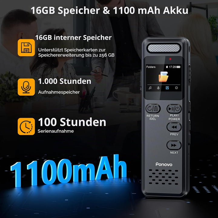 16GB Diktiergerät Digitale mit Spracherkennung, Ponovo Aufnahmegerät 100 Std Kontinuierliche Aufnahm