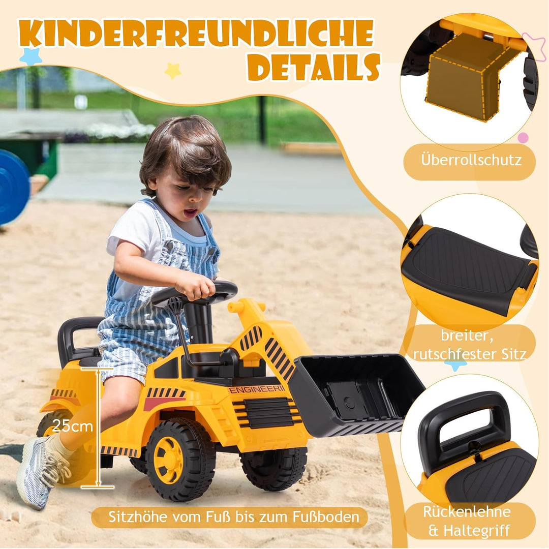 DREAMADE Bagger zum draufsitzen, Kinder Sitzbagger mit Flexibler Schaufel & Hupe & Kippschutz, Aufsi
