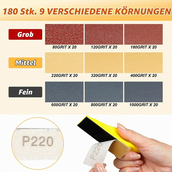 180 Stück Schleifpapier Set für Mini-Detailschleifer, Schleifblock mit Körnung 80-1000 für Holz, eng