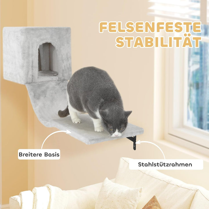 PawHut Kletterwand Katzen, 6-teilig Katzenkletterwand Set, Katzen Wandelemente mit Katzenhaus, Hänge
