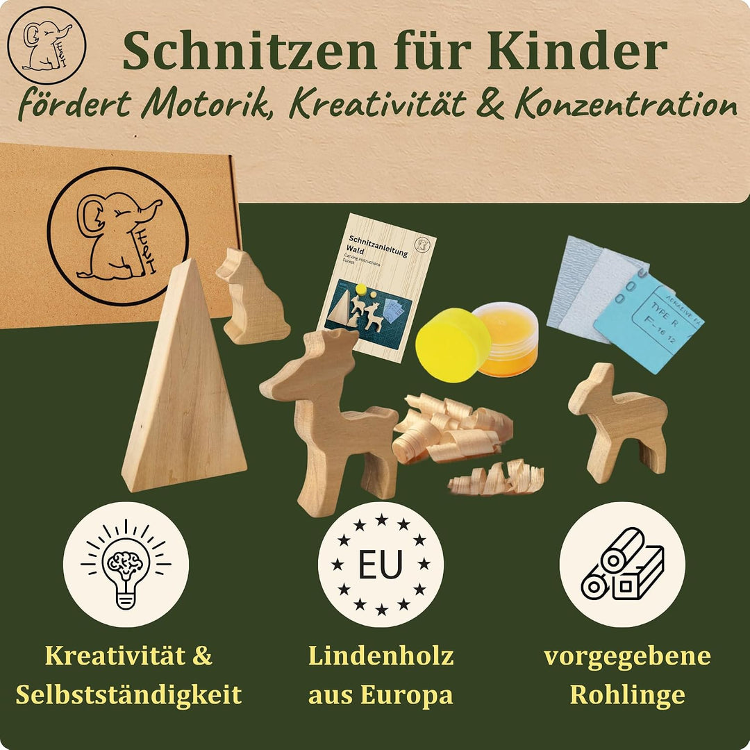 Eli® Lindenholz - Schnitzfiguren zum Schnitzen inkl. Schnitzanleitung für Kinder - Bastelset - Schni