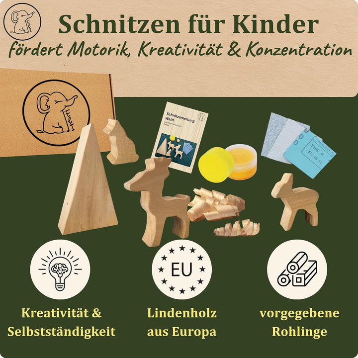 Eli® Lindenholz - Schnitzfiguren zum Schnitzen inkl. Schnitzanleitung für Kinder - Bastelset - Schni