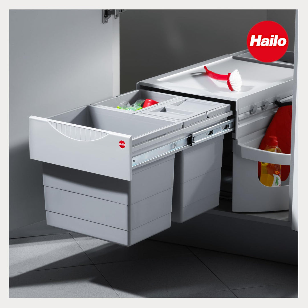 Hailo Abfallsammler Rondo 3646131 | Eckabfallsammler 3fach für 90x90 Eckunterschrank | 2x 8.5 + 18 L