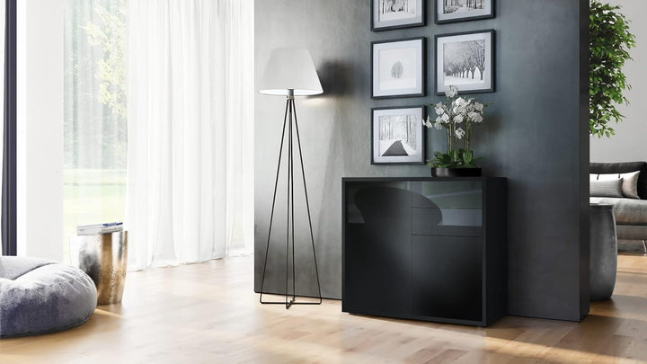 Vladon Sideboard Ben, Kommode mit 2 Türen und 2 Schubladen, Schwarz matt/Schwarz Hochglanz (79 x 74