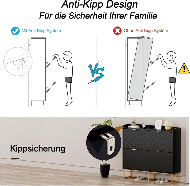 UEV Schuhschrank mit 4 Klappen Schmal,Freistehendes Schuhregal mit Kippschutz, Schuhkommode mit vers