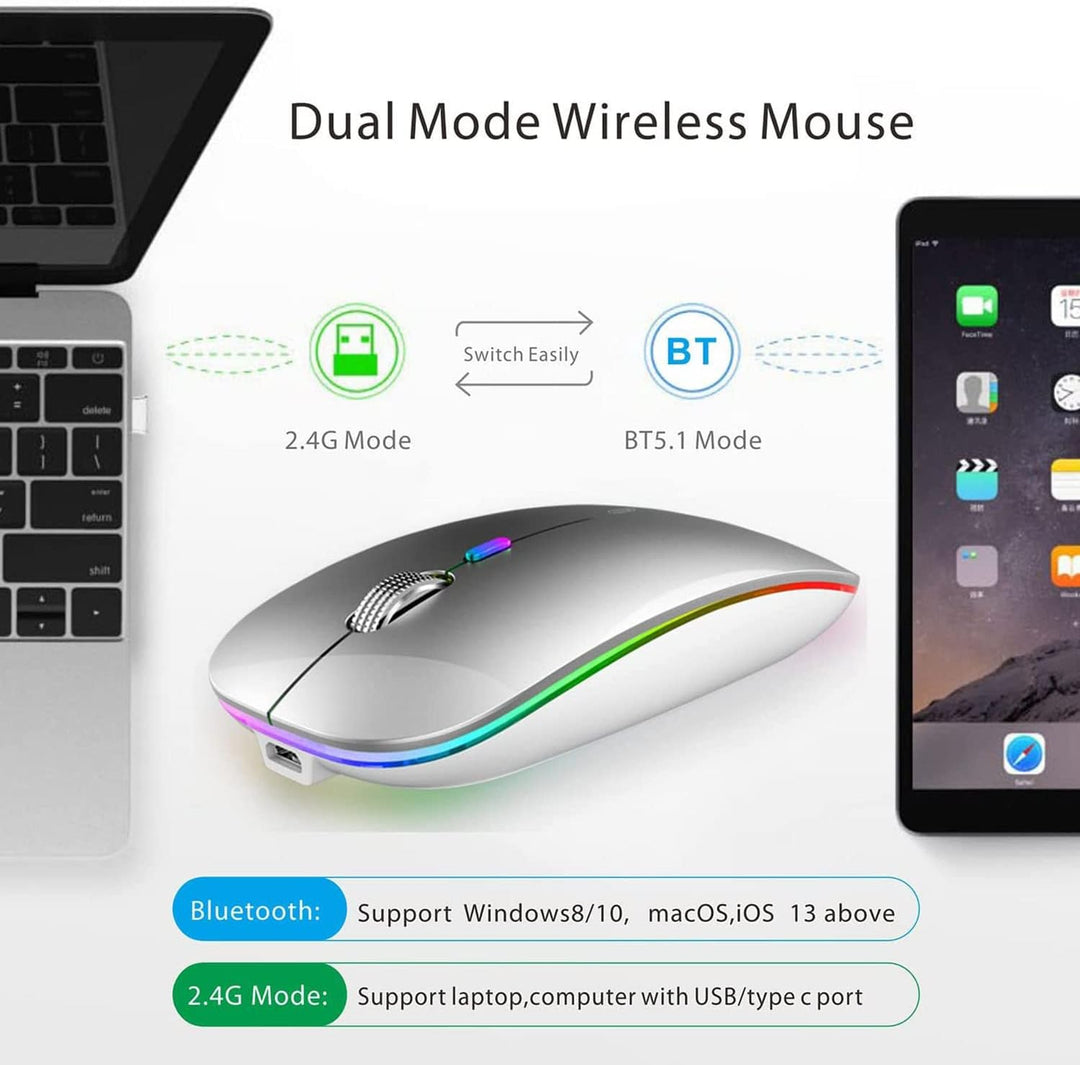 Uiosmuph Bluetooth Maus Kabellose, LED Funkmaus wiederaufladbar Leise Wireless Mouse 2.4GHz Kabellos