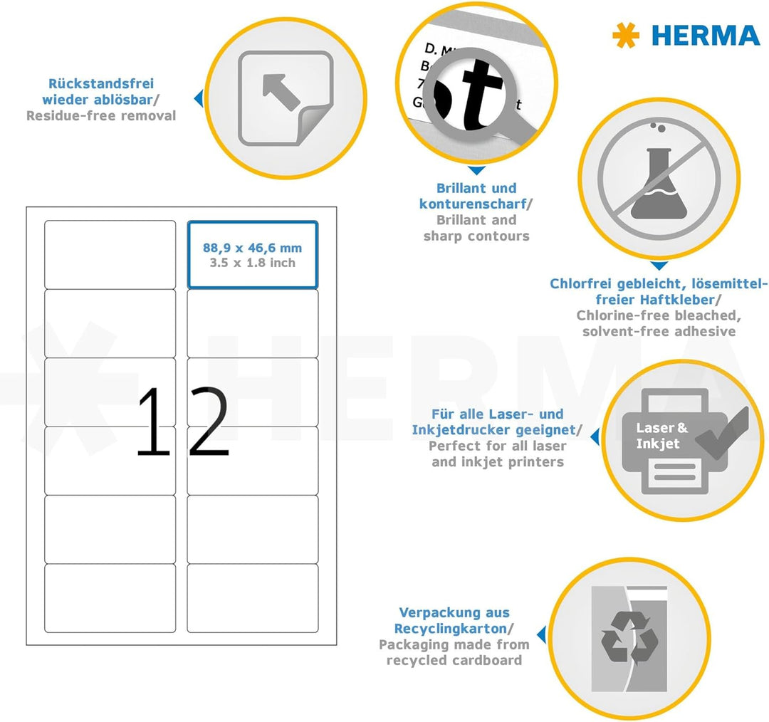 HERMA 10304 Universal Etiketten ablösbar, 100 Blatt, 88,9 x 46,6 mm, 12 Stück pro A4 Bogen, 1200 Auf