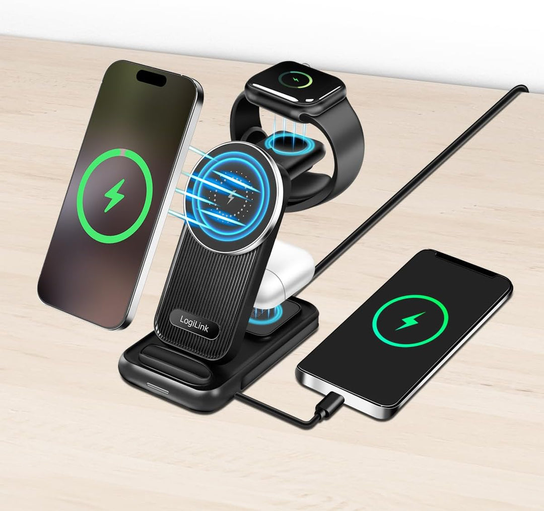 LogiLink PA0292-4-in-1 Ladestation mit max. 20,5 W, Apple MagSafe kompatibel, für Samsung/Apple Watc