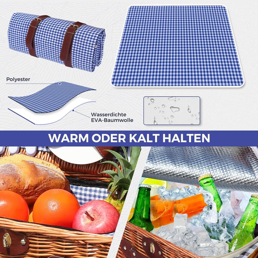 Picknickkorb Set für 4 Person mit Kühlfach und wasserdichte Picknickdecke, Abnehmbarer Riemen, Beste