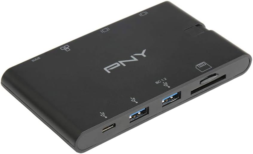 PNY All-In-One USB-C Mini Docking Station mit integriertem USB-C-Kabel mit 2xUSB-C, 2xUSB-A 3.1, 1xH