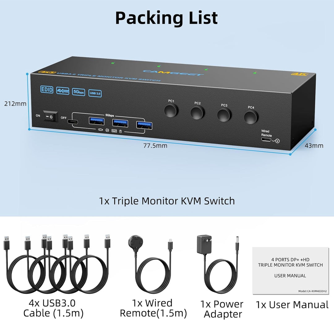 KVM Switch 3 Monitore 4 PC 4K@60Hz EDID Simulation,HDMI Displayport KVM Switch Triple Monitor für 4