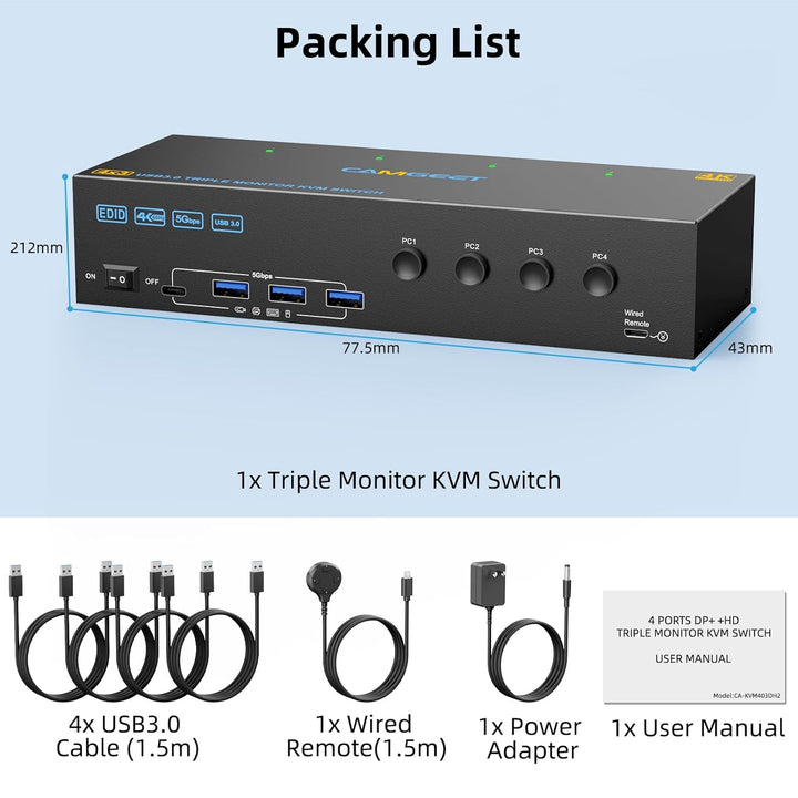 KVM Switch 3 Monitore 4 PC 4K@60Hz EDID Simulation,HDMI Displayport KVM Switch Triple Monitor für 4