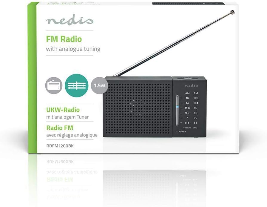 Nedis UKW/AM-Radio, tragbares analoges Stimmgerät im Taschenformat mit 1,5 W Lautsprecher, 3,5 mm Ko