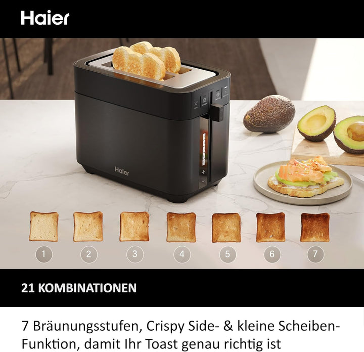 Haier Toaster aus Edelstahl, 2 Scheiben, 1150W I Extra tiefe Schlitze & Hebegriff zum Anheben gegen