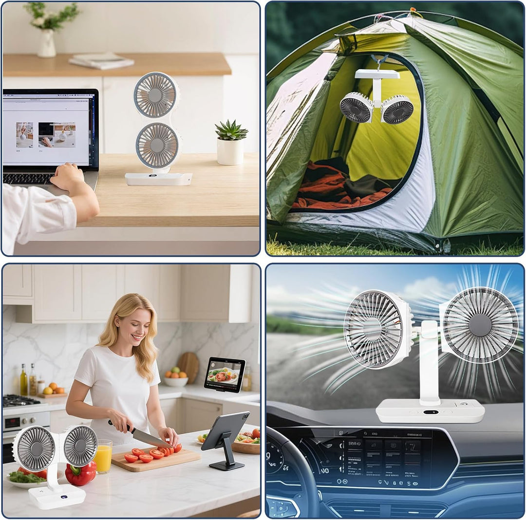 Doppelkopf Tischventilator Tragbarer, 4000mAh Wiederaufladbarer Tischventilator USB Mini Ventilator