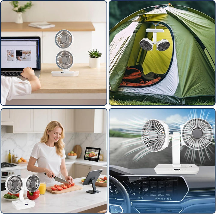 Doppelkopf Tischventilator Tragbarer, 4000mAh Wiederaufladbarer Tischventilator USB Mini Ventilator