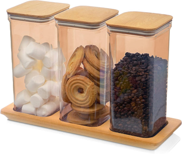 3x Spaghettidose Kunststoff, Vorratsdosen mit Bambusdeckel Braun - Bernstein, Müslibehälter Set 1,5
