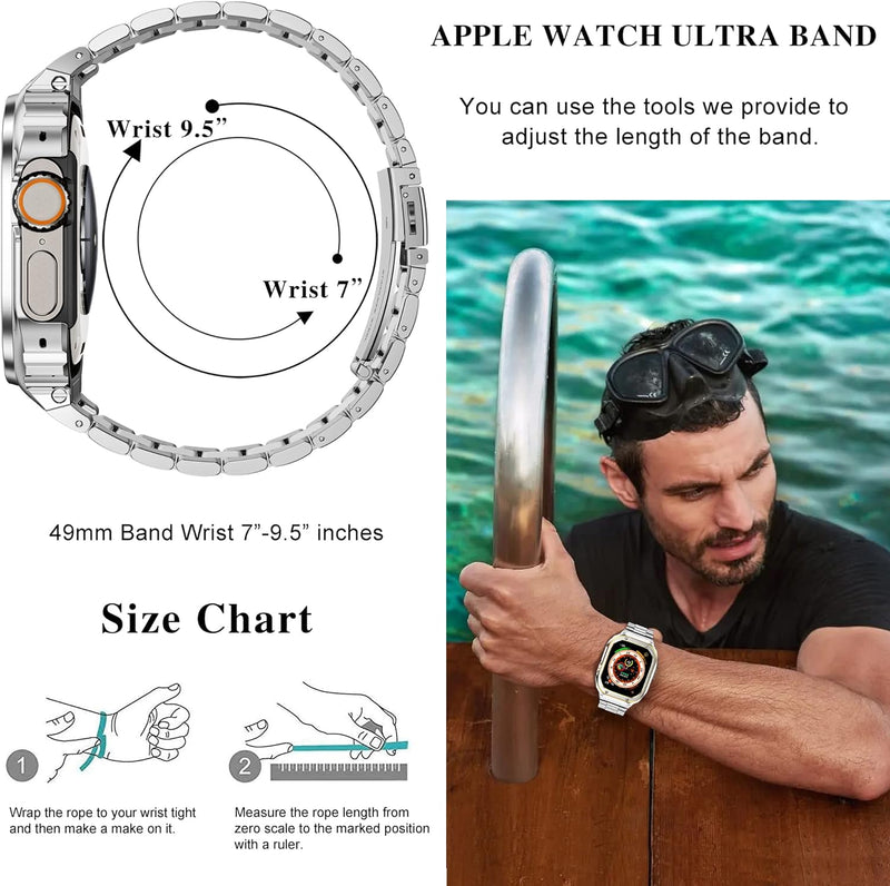 HASLFM Edelstahl Apple Watch Armband mit Gehäuse Kompatibel mit Apple Watch Ultra/Ultra 2(49mm),Meta